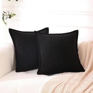 Corduroy Black Throw Pillow Covers Set of 2 Striped Boho Decorative with Edge Design,Super Soft Throw Pillow Cushion Covers for Couch Sofa Living Room Solid Square 1818inch/45cm45cm