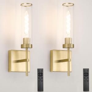 Gold Battery Operated Wall Sconce Set of 2, USB Rechargeable Wall Light with Remote Control, Brass Wireless Vanity Light Fixture with Bulbs(DC 5V), Glass Dimmable Sconce for Living Room Mirror Bedroom (15.94in wireless)