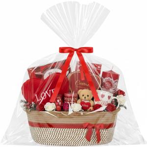 Easter Woven Large Gift Basket Empty with Ribbons Bow Tie and Bag, Easter Empty Decorative Chest Box, Woven Rope Storage with Handles Home Decor(14 x 10 x 5.5 Inch,Brown Red)