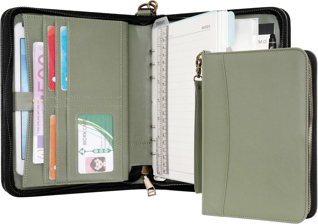 WASON Portfolio A5 Binder Journal with Zipper - Leather pu Writing Notebook Padfolio with Detachable Refillable Notebook, Legal Pad for Business Study and Travel Organizer (Green)