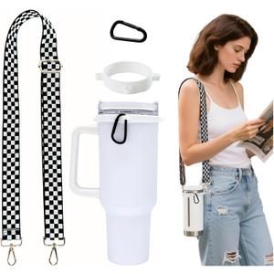Adjustable Hands-Free Holder for Stanley Cups Universal Silicone Bottle Strap Hydro Flasks 40oz & 30oz Bottles Dishwasher Safe Buckle for Hiking (White Ring)