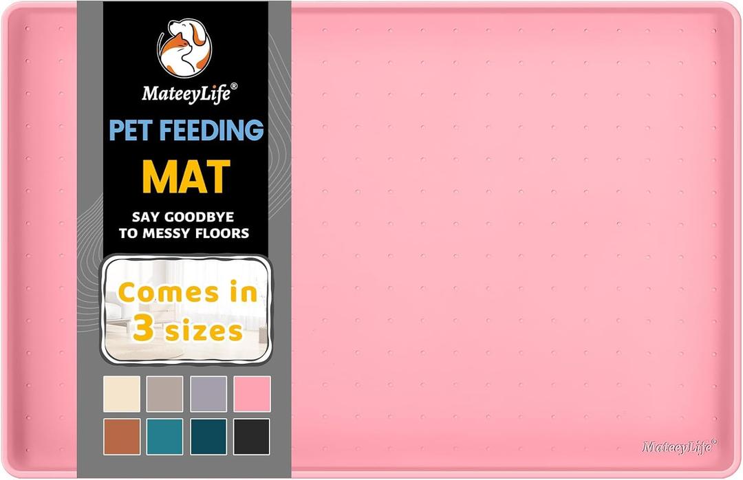 MateeyLife Silicone Cat & Dog Food Mat for Floors Waterproof, Anti-Slip Dog Bowl Mats for Food and Water, Pet Feeding Mats with Lip to Prevent Spills, Pet Placemat for Messy Drinkers to Protect Floors (18''12'', Pink)