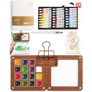 Pocket Artist Watercolor Travel Set, Travel Paint Palette, Wooden Paint Palette Travel Kit, Mini Portable Watercolor Palette with Clip for Artists Painters Students (24 Colors 15 Grid Set)