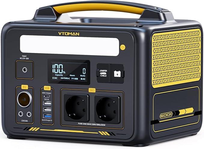 VTOMAN Jump 600X Portable Power Station with Jump Cable
Solar Generator LiFePO4 Battery, 2 AC Outputs 600W, 299Wh/600W (Peak 1200W), Camping, Emergencies, Travel,