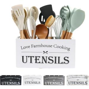 LIBODOUR Utensil Holder, Utensil Holder For Kitchen Counter,Large Cooking Spatula Organizer,Farmhouse Wooden Big Storage With 3 Compartments Rustic Flatware Spoon Tool Organizer (White) (Medium)