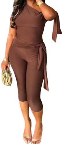 NRTHYE Women Sexy Two Piece Sets Summer Off Shoulder Lace Up Slim Crop Top High Waist Capri Shorts Sets Club Outfits L