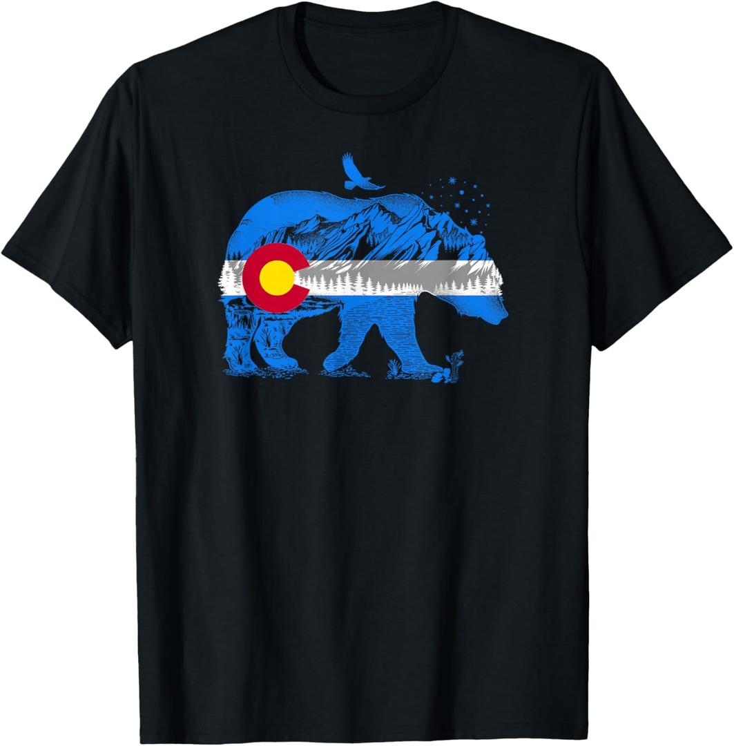 Colorado Flag Design Mountains and Bear Landscape Graphic T-Shirt