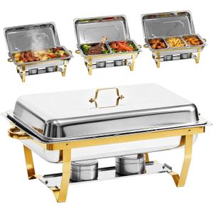 9Qt Chafing Dishes for Buffet, Gold 304 Stainless Steel Chafing Dish Sets, Food Warmers for Parties, Buffet Servers and Warmers, Warming Trays for Buffets Party, Multiple Size Food Pans, 4 Pack
