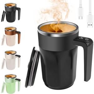 Automatic Stirring Coffee Cup with Temperature Display, Rechargeable Coffee Mug, 13.5oz Self-Stirring Mug with Lid, Stainless Steel Material Suitable for Coffee, Milk, and Other Beverages (Black)