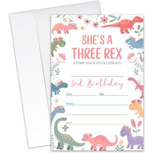 She's A Three Rex - Dinosaur Themed 3rd Birthday Party Invitations for Boys, Girls, Kids - 20 Invitation Cards 4"x6" with 20 Envelopes - Dinosaur 3rd Birthday Party Invites.(159)