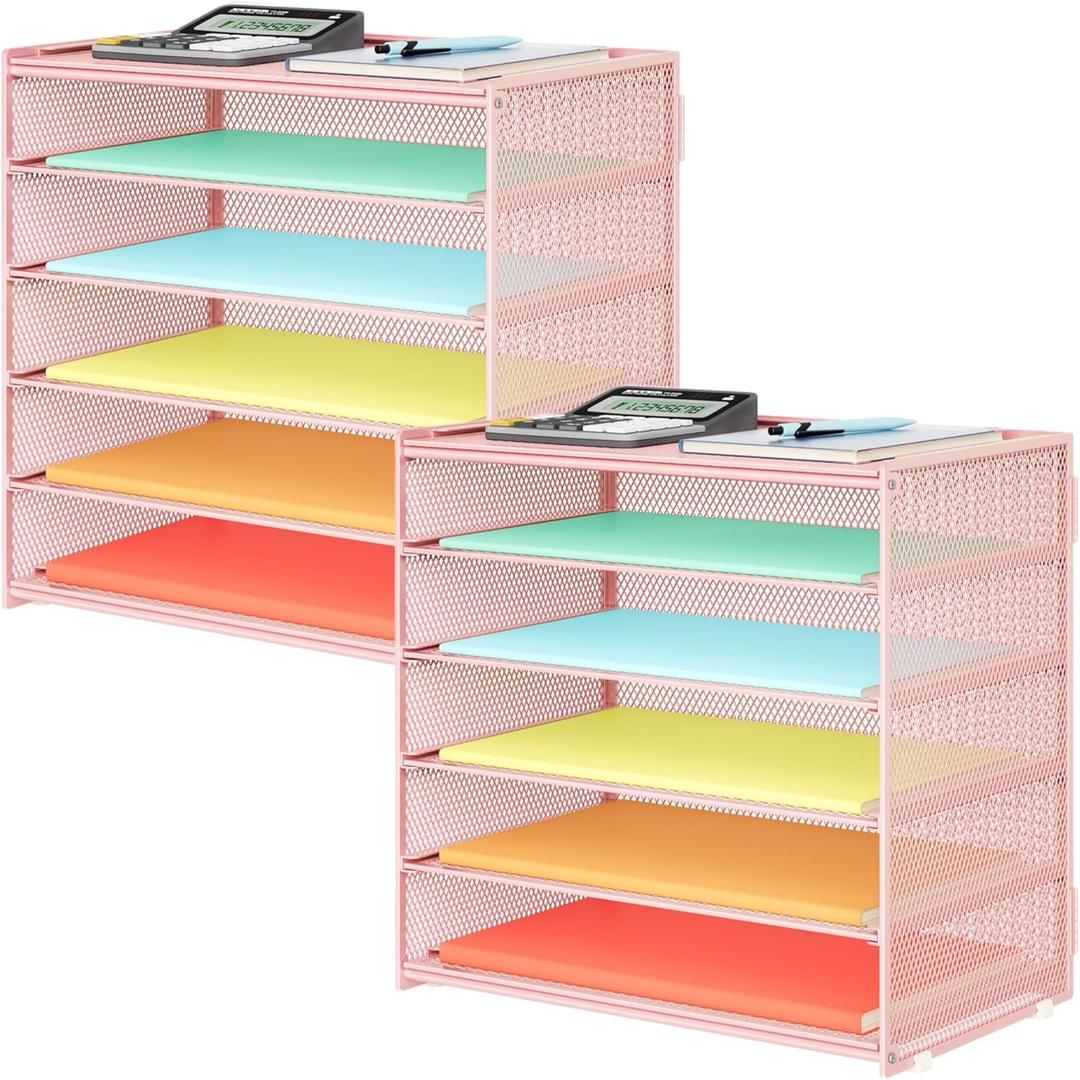 2 Pack 6 Tier Paper Organizer, Metal Mesh Desk File Folder, Letter Tray Organizer, Paper Sorter Desk Organizers for Office, Home or School File Folder Holder - Pink (Pink-2pack) 2 Pack 6 Tier Paper Organizer, Metal Mesh Desk File Folder, Letter Tray Organizer, Paper Sorter Desk Organizers for Office, Home or School File Folder Holder - Pink (Pink-2pack)
