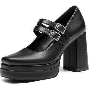 Coutgo Women's Platform Mary Jane Pumps Two Strap Square Toe Chunky Block Heel Sandals Party Shoes (6 1/2, Black)