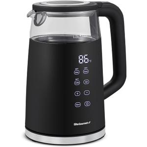 Elite Gourmet 1.7L Dual Wall Cool Touch Electric Tea Kettle, Borosilicate Glass, 304 Stainless Steel Interior, Programmed Digital Touchscreen, Keep Warm, Auto Off & Audible Indicator, Black