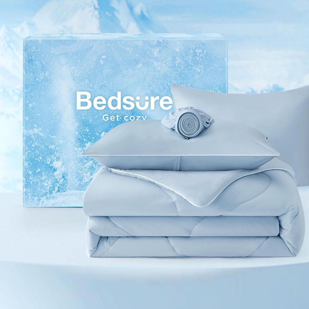 Bedsure Cooling Comforters Queen Size Set 4 Pieces, Blue Cooling Blanket for Hot Sleepers, Double-Sided Cool Tech Queen Bedding Set with Breathable Lightweight Comforter, Sheet & Pillowcases