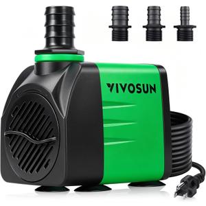 VIVOSUN 550GPH Submersible Fountain Water Pump for Pond, Aquarium, Statuary | 2000L/H, 35W, Ultra Quiet Water Pump with 8.2ft. High Lift and 6.5ft. Power Cord, 3 Nozzles for Hydroponics