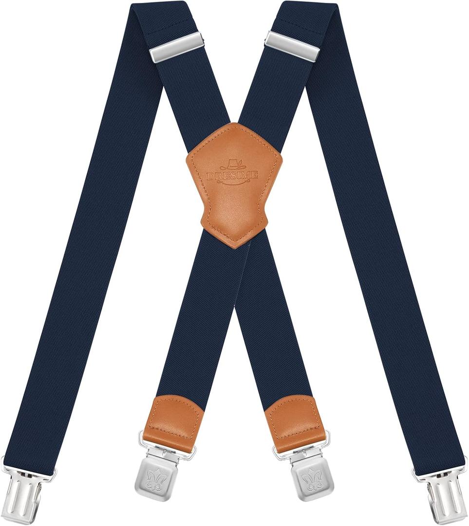 Suspenders for Men and Women Adjustable X Back 1.57 Inch Wide Elastic Heavy Duty Braces with Strong Metal Clips (Fg Navy Blue)