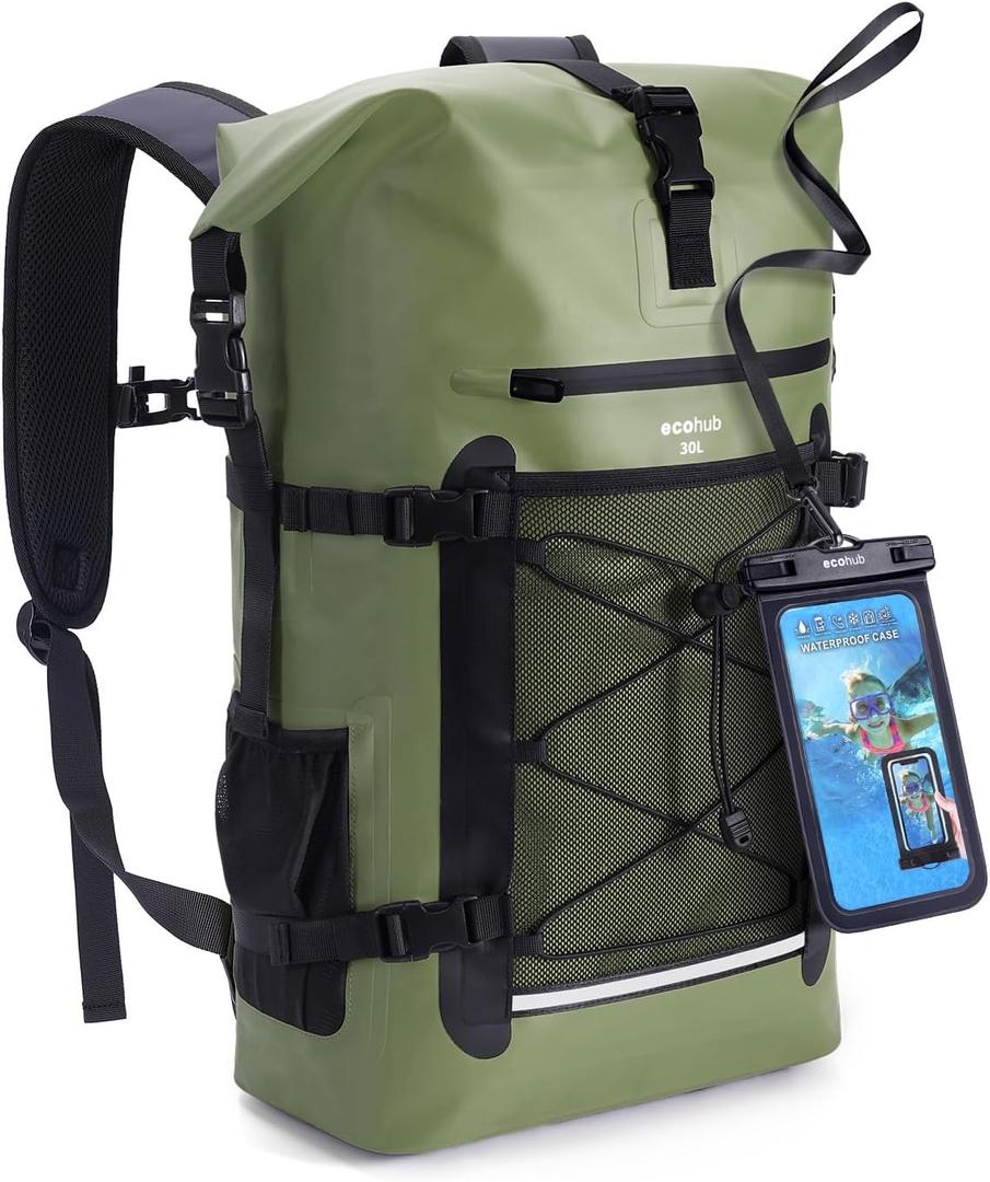 ECOHUB Waterproof Backpack for Women Men, 30L Roll-Top Closure Heavy Duty Dry Bag for Travel with IPX8 Waterproof Phone Case (Green)