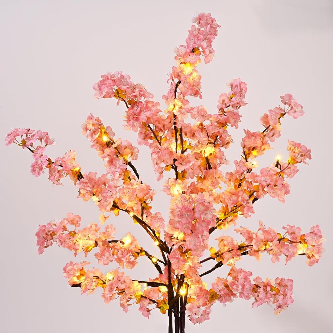 Sunm Boutique 3 PCS Silk Cherry Blossom Branches - Lighted Brown Twig Branches, Artificial White Flower Stems, 39'' Faux Tree for Wedding Home Decor