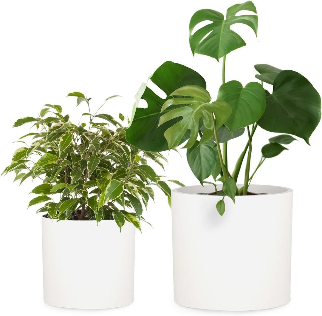 Fox & Fern 12" & 14.6" Large Planters (Set of 2) - Lightweight Fiberstone Matte White Plant Pots with Drainage Plug - Extra Large Planters for Indoor & Outdoor - Weather Resistant & UV Resistant
