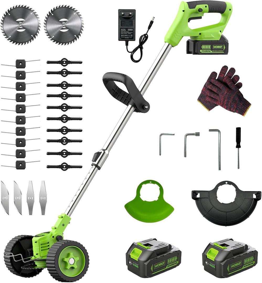 WORKIT 4-in-1 Electric Weed Wacker, 20V 6 Inch Cordless Weed Eater with Wheels, 2×4.0Ah Batteries & 4 Blade Types, Lightweight Stringless Brush Cutter for Small Yard & Garden Care