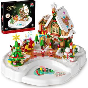 Christmas Gingerbread House Building Set with Magnetic Base, Magnetic Santa Claus Interactive Christmas Tree with Music and Snowmen Building Block Toy Holiday Train Gift for Kids or Adults