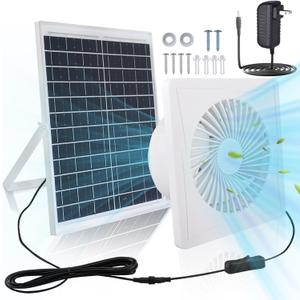 Solar Exhaust Fan, 25W Solar Panel 8'' High Speed with Bracket Solar Powered Fan, 2600 RPM Powerful Solar Fan for Chicken Coop, with an AC to DC Power Adapter for Greenhouse,Shed Attic (White)
