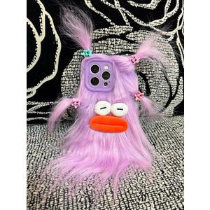 Purple Furry Ugly Phone Case for iPhone 16 Pro, Cute DIY Long Hair Funny Thick Mouth Warm Plush Cases, 3D Cartoon Silly Fuzzy Winter Protective Cover for Women Girls