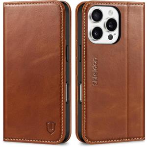 SHIELDON Wallet Case for iPhone 16 Pro 6.3" 2024, Genuine Leather Folio Magnetic Closure RFID Blocking Card Holder Kickstand Full Protection Phone Case Compatible with iPhone 16 Pro - Retro Brown