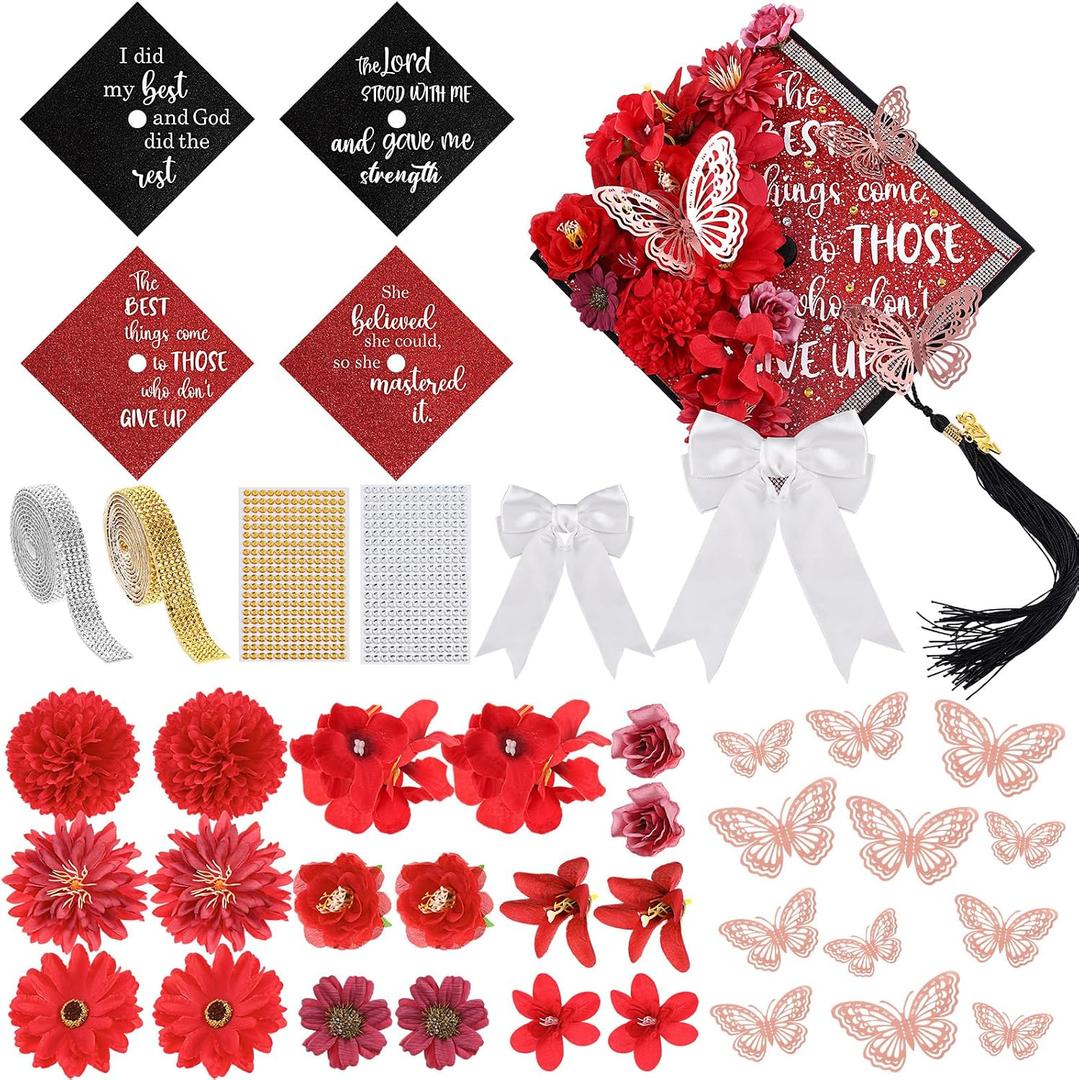 Dunzoom 40 Pcs DIY Graduation Cap Decorations Kit Artificial Flowers Inspirational Cardstock 3D Butterfly Stickers Ribbon Bow Rhinestone Stickers for Grad Cap Topper Graduation Party(Red)