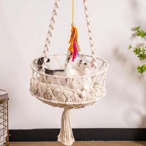 MEWOOFUN Hanging Macrame Cat Hammock Bed, Space Saving Window Perch with Cotton Mat for Indoor Cats