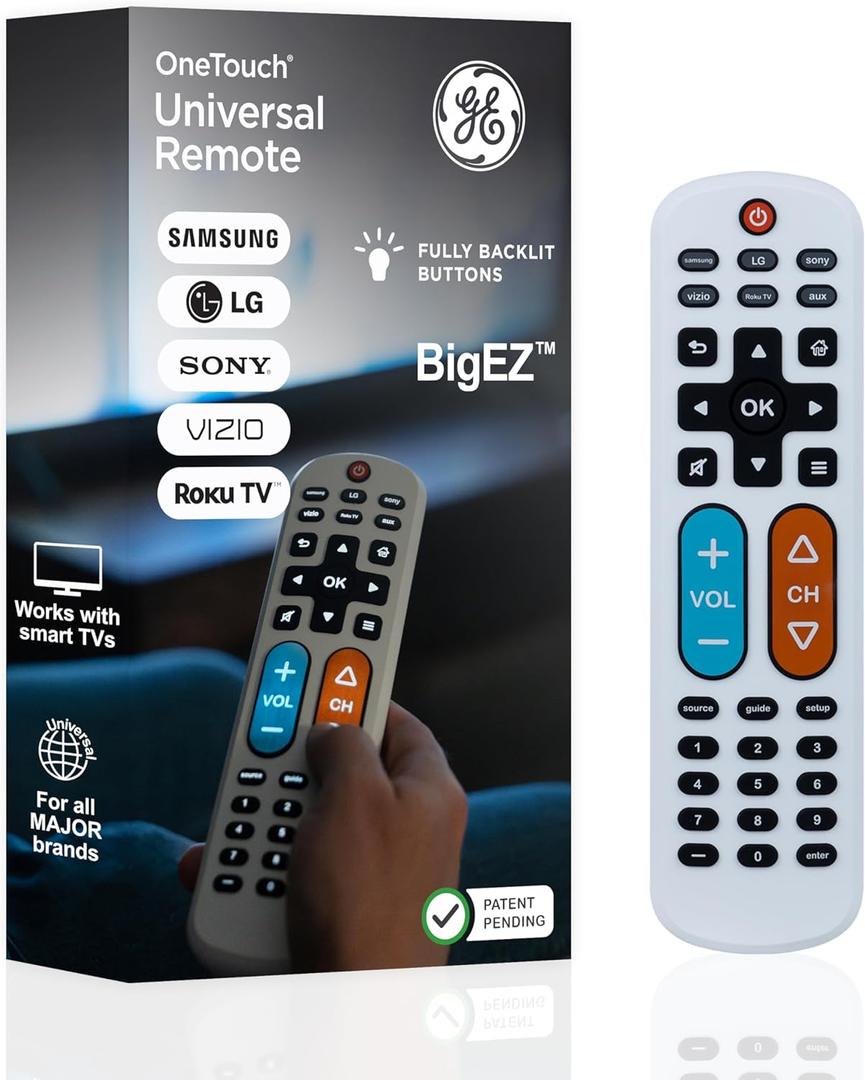 GE BigEZ OneTouch Big Button Universal TV Remote for Seniors, Easy to Use, Replacement Remote for Samsung, LG, Sony, Vizio, Roku TV, Streaming Players, Backlit Buttons, 2 Device, White, 84666