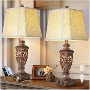 28.5" Vintage Bronze Table Lamps Set Of 2 with Night Light,Lamps for Nightstand with Beige Linen Cut Corner Shade,Bedside Lamp with USB A+C Ports for Bedrooms,Living Room,Office,Hotel(Bulb Included)