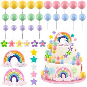 Morofme 38pcs Rainbow Cake Topper Rainbow Themed Cake Decorations Colorful Cakes Decoration Pastel Daisy Flower Balls Cupcake Topper for Baby Shower Girl Birthday Party