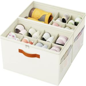 Shoe Organizer for Closet, 2 Pack Foldable Shoe Storage Organizer with Adjustable Dividers, Shoe Storage Box with Clear Cover, Fits up to 16 Pairs, Beige