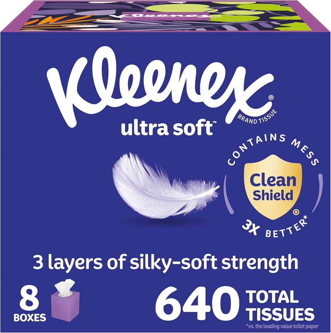 Kleenex Ultra Soft Facial Tissues, 8 Cube Boxes, 80 Tissues per Box, 3-Ply, Packaging May Vary (White)