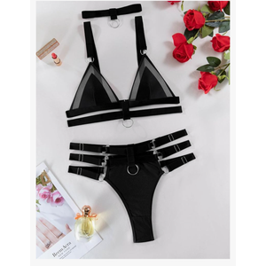 Lilosy Sexy Wireless Choker O Ring Linked Strappy Harness Lingerie Set Outfits 3 Piece M