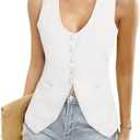 COCCKO Womens Vest Top Trendy V Neck Summer Sleeveless Blazer Vest Waistcoat Linen Cotton Tank Tops 2025 Size M White