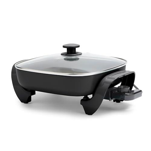 Toastmaster 12" 5QT Square Electric Skillet, Glass Vented Lid, Ceramic PFAS-Free Nonstick Coated Interior, Adjustable Temperature Control, Cool Touch Handles, Quick Even Heating, Scratch Resistant,Black