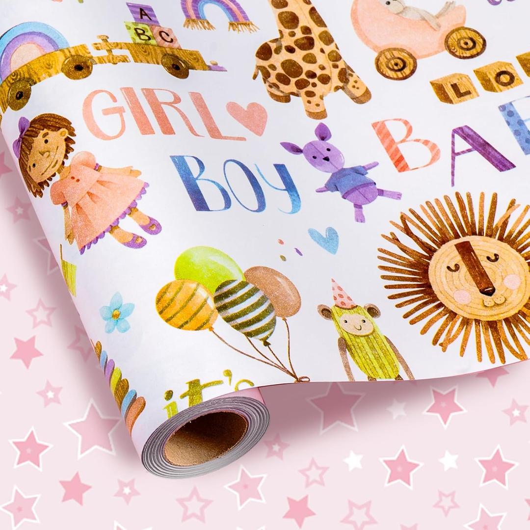 2 x Homeral Baby Shower Wrapping Paper Roll - Mini Roll - 17 Inch x 16.5 Feet - Animals, Rainbow and Cars & Pink Stars Reversible Gift Wrap for Baby Boys Girls Shower, Birthday, Gender Reveal, Holiday