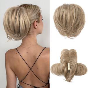 HOOJIH Ponytail Extension, Claw Clip in Straight Messy Hair Bun 9 Inch Short Ponytail Extension with Bendable Metal Wire Hair Pieces for Women Fake Hair Bun DIY Styles - Medium Golden Blonde
