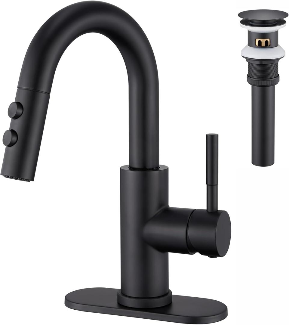 Bathroom Sink Faucet with Pull Down Sprayer, Matte Black Single Handle Pull Out Faucet with Pop-Up Drain, 1 or 3 Hole Laundry Bar Basin Faucet with Deck Plate, KBL-7002B-CL2