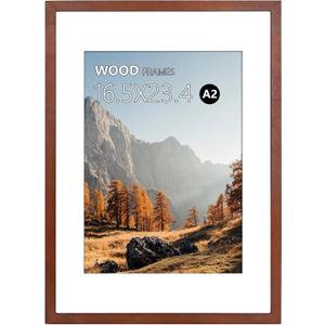 A2 Poster Frame,16.5x23.4in Brown Natural Wood Picture Frames with Polished Plexiglass,Easy to Hang,Display Picture A2 without Mat or A3 with Mat for Wall Mounting Horizontally and Vertically