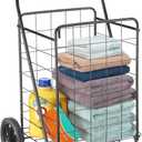 Whitmor Extra Large Utility Foldable Shopping Cart with Wheels, 100 Lb Capacity, Heavy Duty Grocery Cart with Steel Frame, Foam Handle, Rolling Collapsible Utility Trolley for Grocery, Laundry, Black
