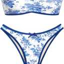 seamoly Sexy Blue Gingham Bow Decor Ruched Backless Lace Up Bandeau Bikini Set Strapless Swimsuits for Women