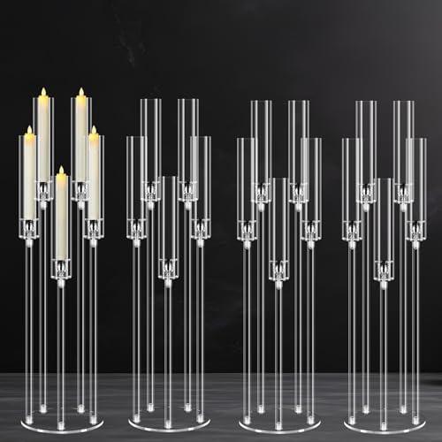 4Pcs 5 Arms Acrylic Candelabra Centerpieces for Tables Decortion,Clear Candle Holder for Wedding Dinner Fireplace Decoration,35 inches Tall Candlesticks Holder with Lampshade, Fits LED Candle