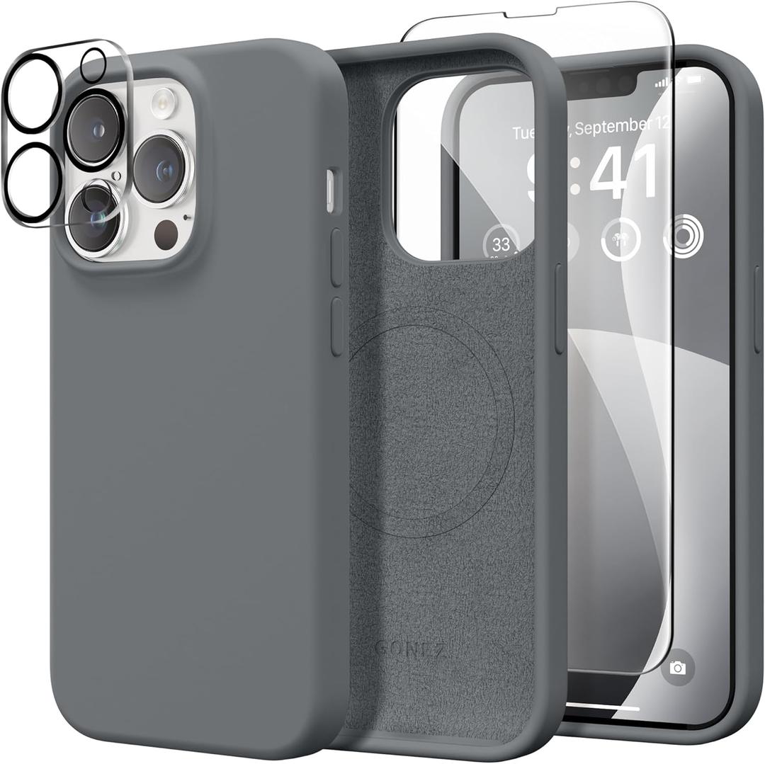GONEZ Magnetic for iPhone 13 Pro Max Case, Compatible with MagSafe, [Screen Protector + Camera Lens Protector], Silicone Shockproof Anti-Scratch Protective Phone Case 6.7 inch, Dark Grey