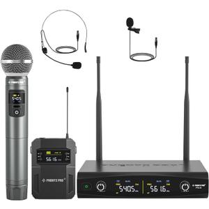 Phenyx Pro Wireless Microphone System,Metal Wireless Mic Set w/Handheld/Bodypack/Headset/Lapel Mics,2 x 30 UHF Frequencies, 200 ft Range, Cordless Mic for Singing, Karaoke, Church (PTU-52-1H1B)