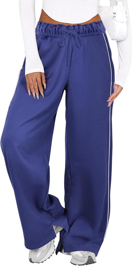 IWD Wide Leg Sweatpants for Women High Waisted Baggy Lounge Pants Interior Drawstring Sweat Pants with Pockets (Blue, L)