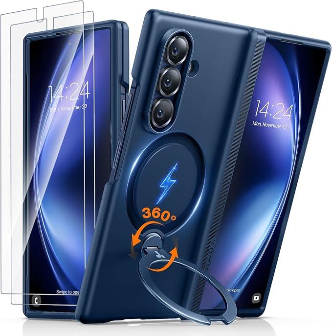 TORRAS 360 Spin Magnetic Stand for Galaxy Z Fold 7 Case, MILGrade Hinge Protection, Fit for Magsafe, 360 Kickstand & Ring Holder, Armor Hard Slim Case for Samsung Galaxy Z Fold 7, Blue