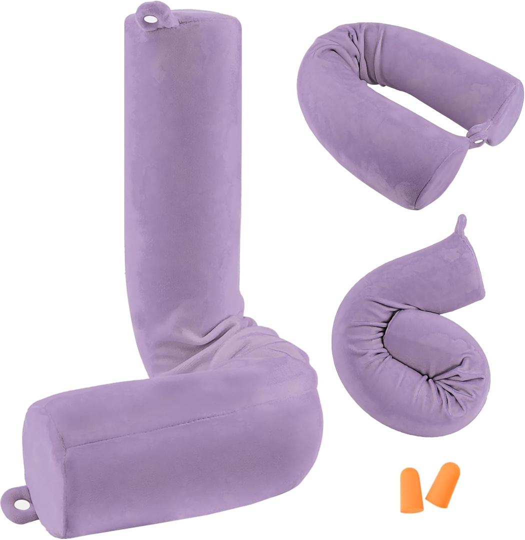 Twist Memory Foam Travel Pillow for Neck, Chin, Lumbar and Leg Support-for Travling on Airplane, Train, Bus or at Home-Adjustable, Bendable Roll Pillow with Washable Soft Cover (Purple)